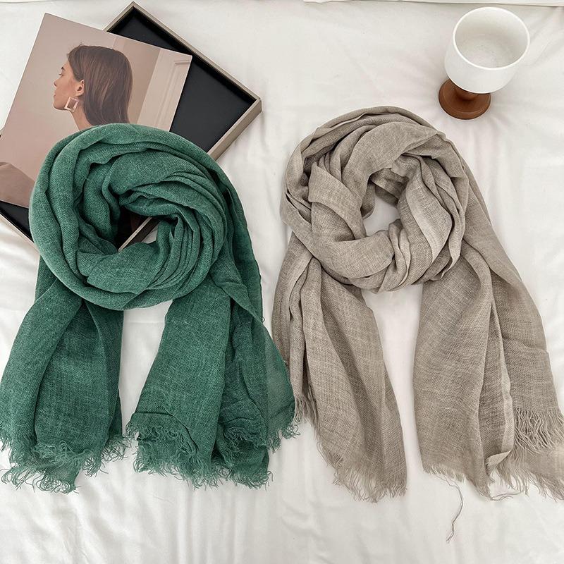 Autumn and Winter Scarf Women's Yarn Scarf New Casual Versatile Solid Color Breathable Rough Edge Warm Scarf Shawl Silk Scarf