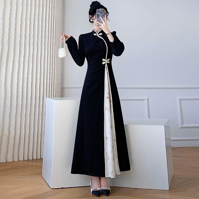 Vår Høst Neo-kinesisk Stil Retro Modifisert Qipao Lang Skjørt Nasjonal Stil High-End Mote Kjole Dameklær