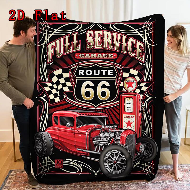 Vintage Route Classic Car 2D Flat Pattern Flannel Blanket High Quality All Seasons Warmth and Comfort Perfect for Christmas Gifts.