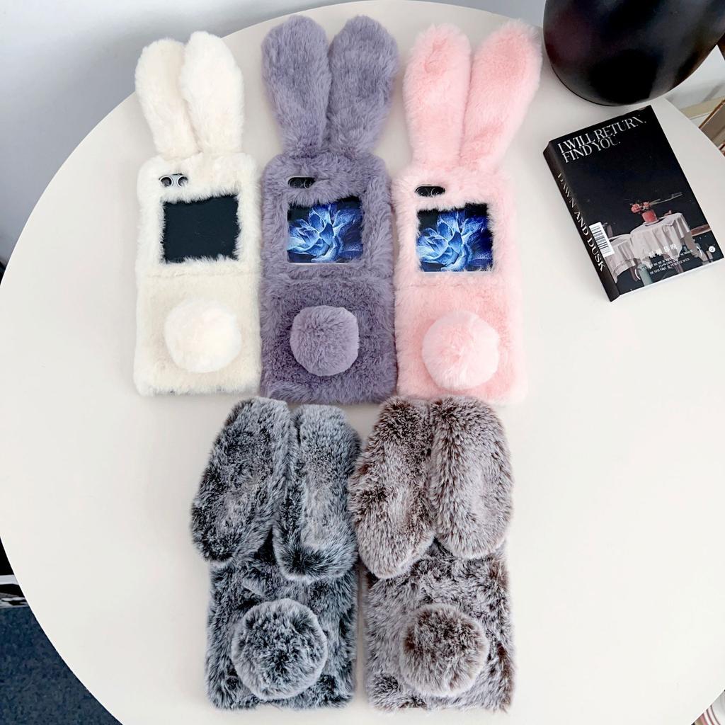 Phone Cases Samsung,Fluffy Furry Phone Case with Bunny Ears | Winter Plush Cover for Foldable Phones