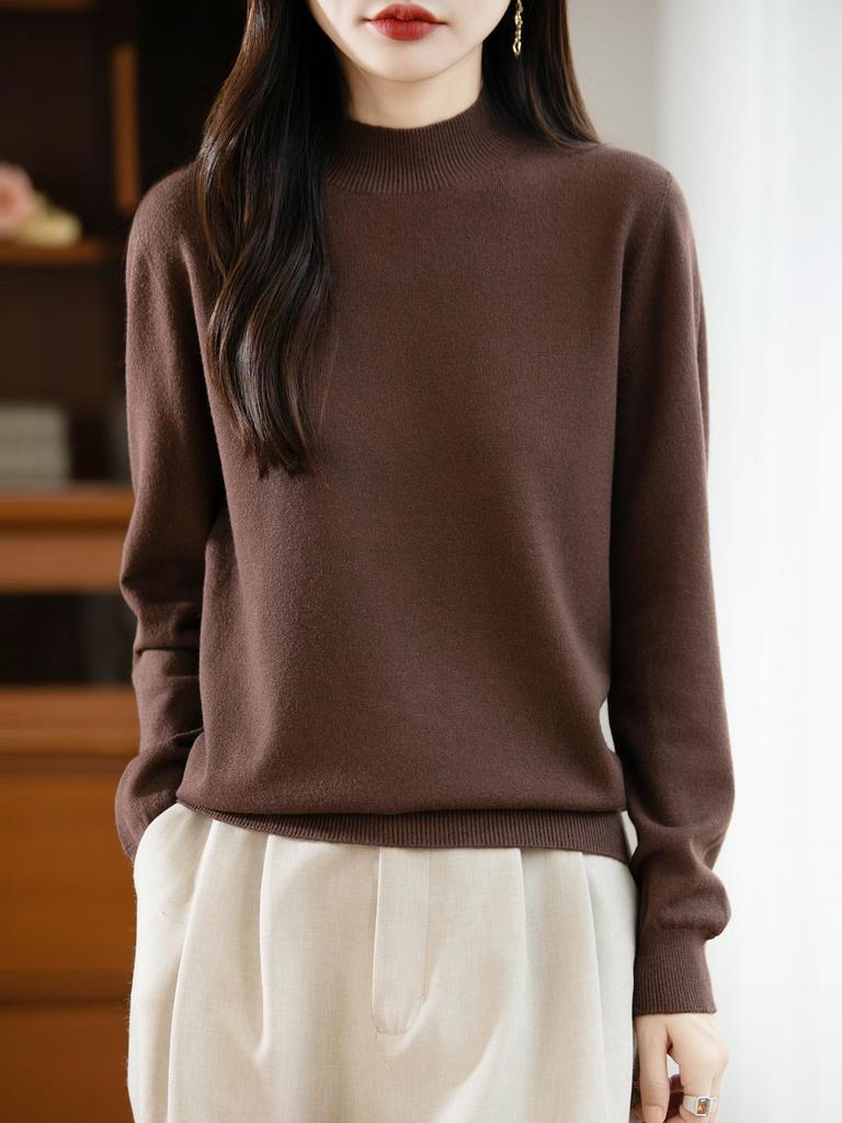 Elegant Autumn Velvet Knit Half-High Neck Sweater for Women - Long Sleeve, Loose Fit Pullover