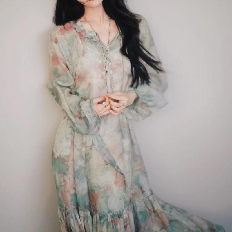 Da Xi Spring & Scenery Series Silk Print: Romantic French Gradient Waist-Cinched Dress S