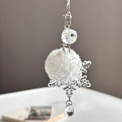 Snowflake Phone Charm Winter White Fur Ball Glass Clear Star Bead Cellphone Strap Keychain Wallet Camera Schoolbag Decor Jewelry