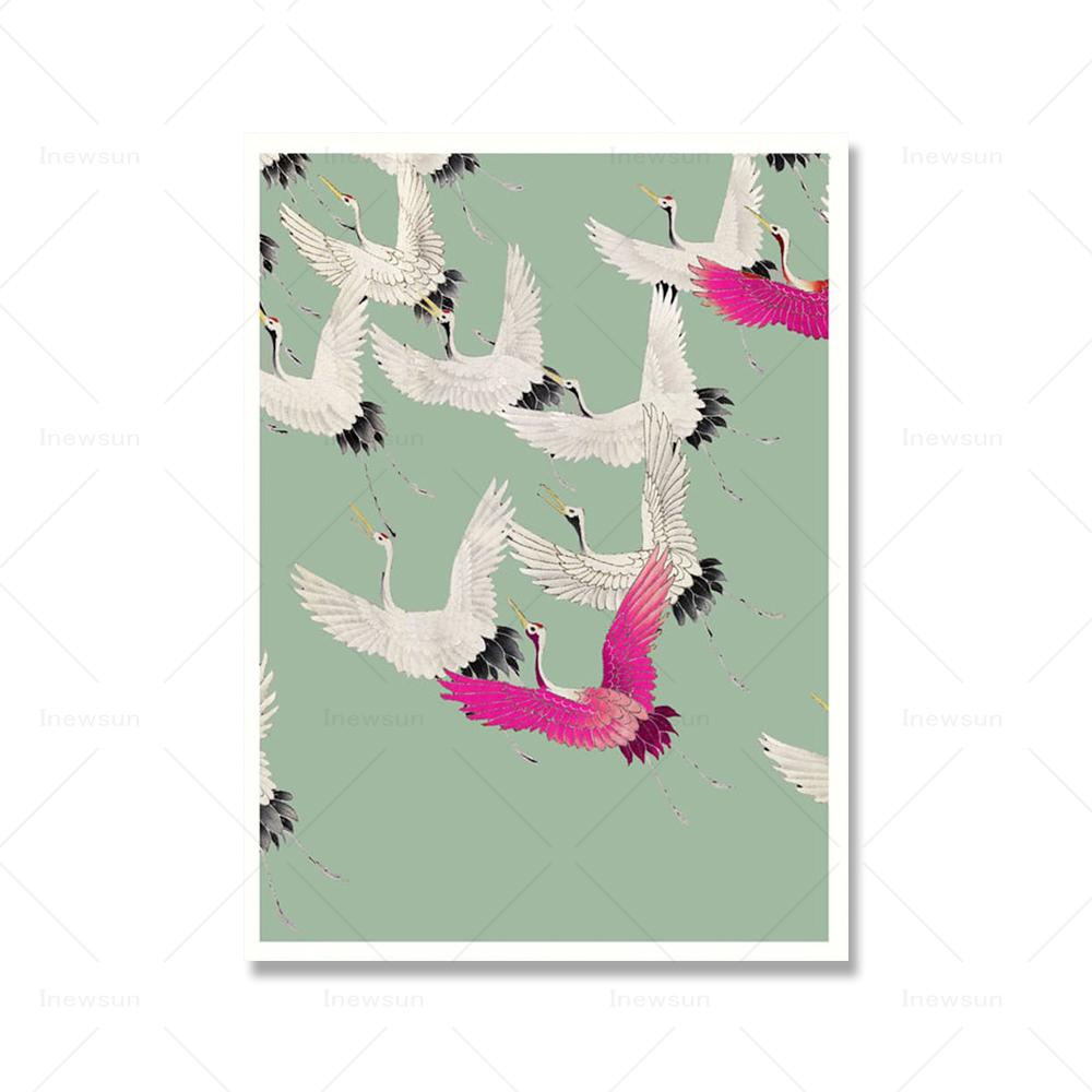 Swarm Japanese Royal Cranes Art Prints Vintage Bird Sage Green Wall Art Canvas Painting Retro Abstract Pictures Home Decor