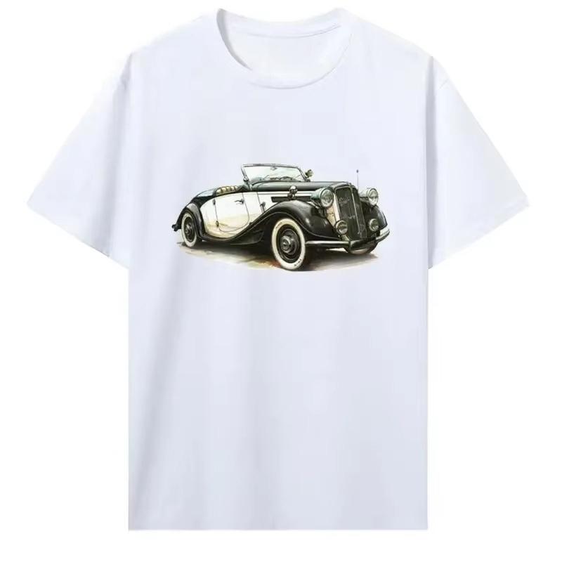Summer Classic Car Top Retro Car Pattern T-shirt Men's and Women's Creative Picture Collar Printing Pure Cotton Short Sleeves
