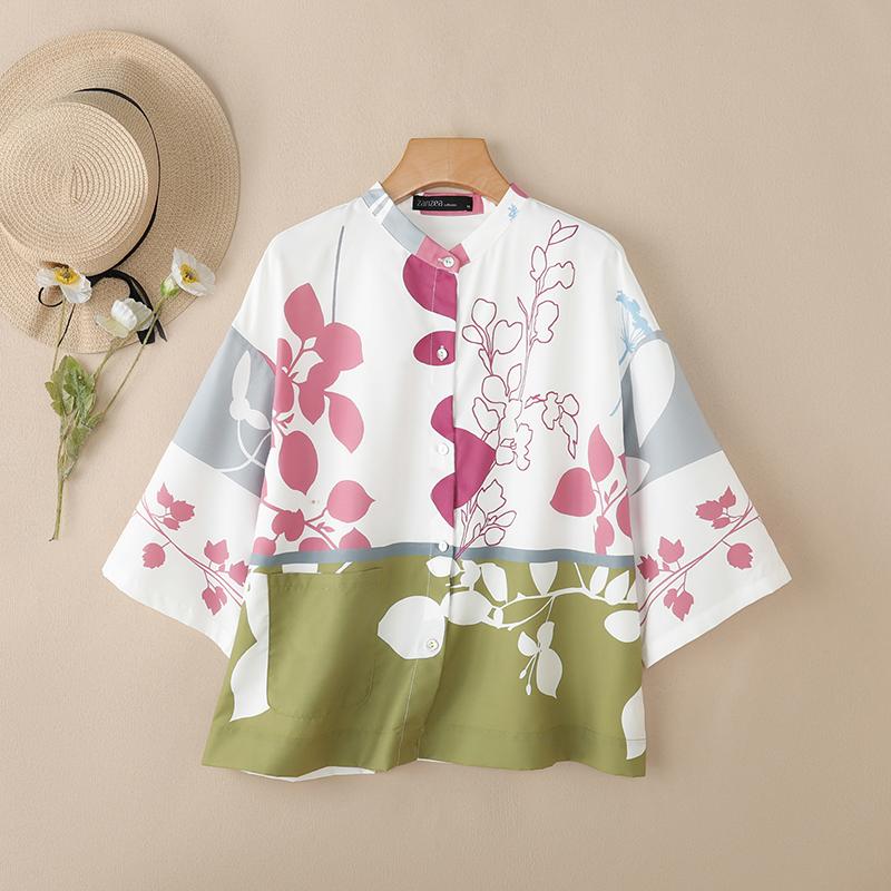 

ZANZEA Женская летняя блузка с воротником-стойкой, рукавом 3/4, свободного кроя, с принтом M жёлтый