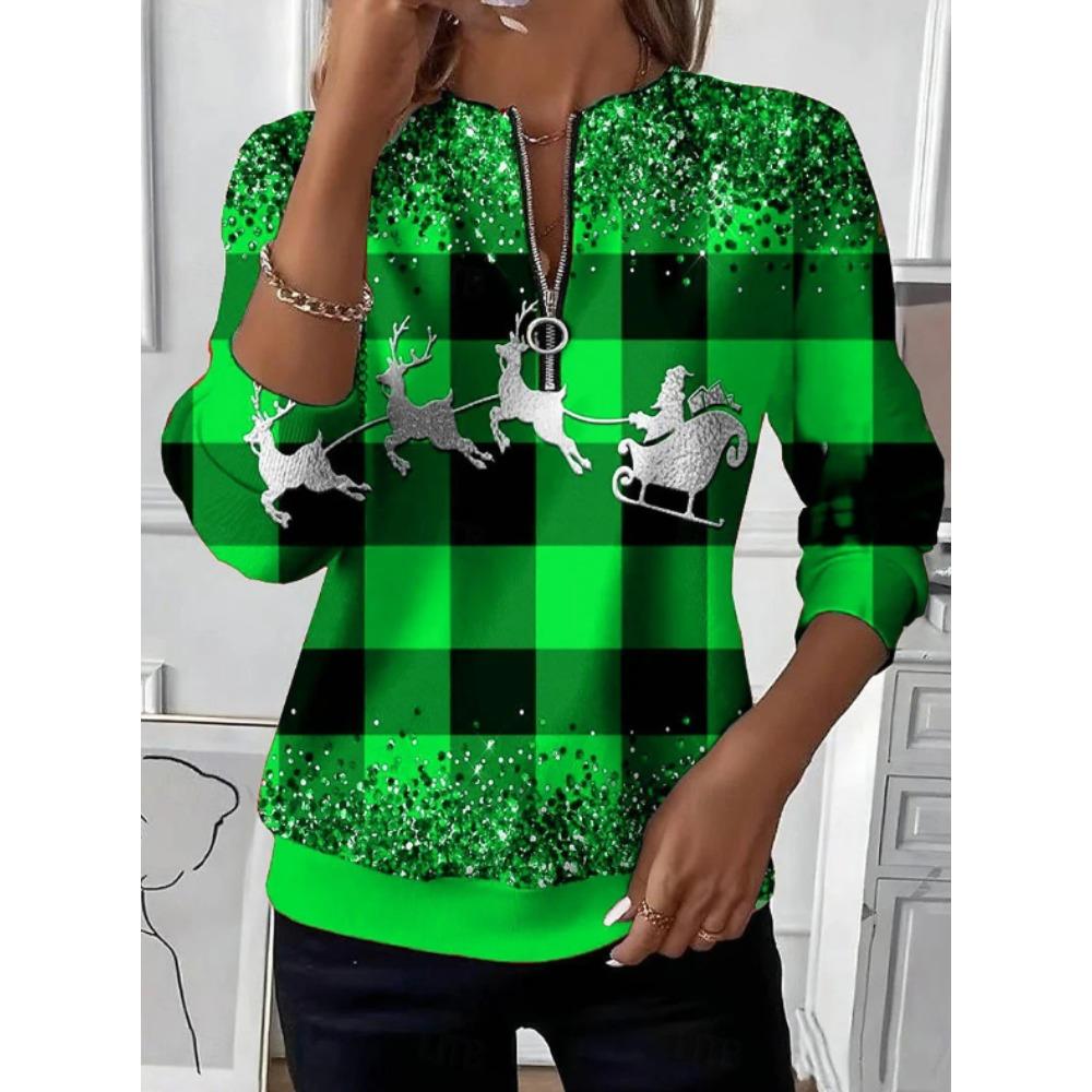Women's Quarter Zipper Sweater Pullover Plaid Xmas Casual Active Sportswear Half Long Sleeve Top Micro-elastic Fall & Winter Comfrt Breathable