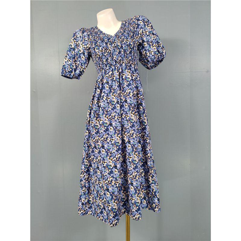 

Export Single H Home Normcore Elegance Ins Women s Minimalist V Neck Smocking Slim Looking Cotton Short Sleeve Large Swing Dress Blue Flower M