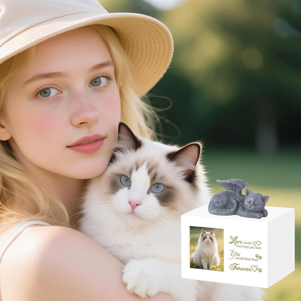 Cat Memorial Urn for Ashes - Wooden Cat Keepsake Box with Photo Frame, Resin Angel Statue & Velvet Ash Bag, Pet Loss Remembrance Gift (White)