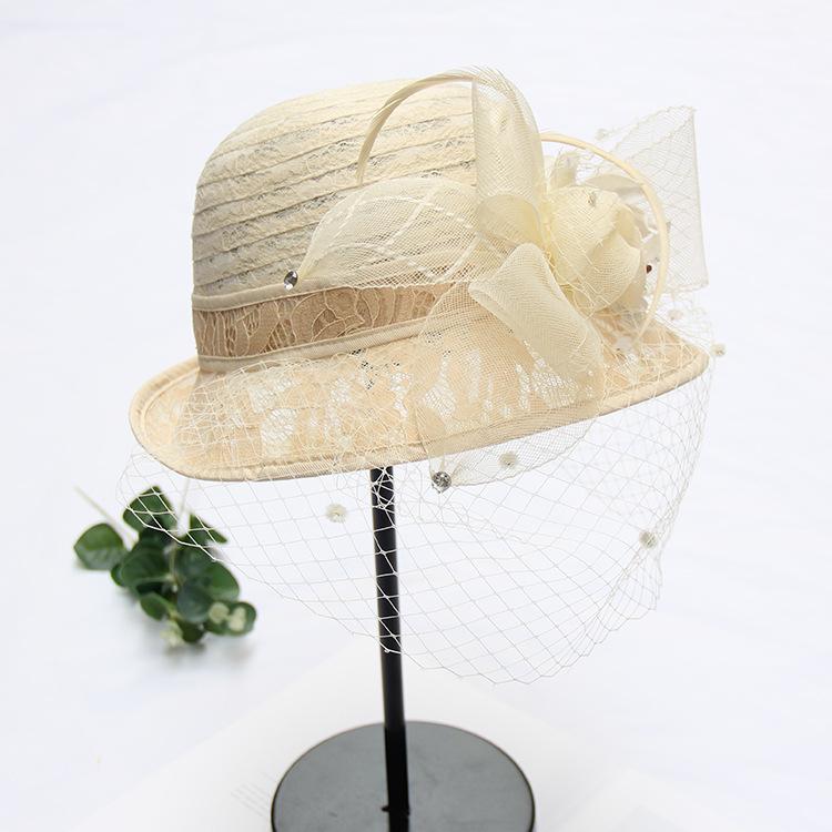Curled top hat women's summer face cover mesh fashion basin hat British retro sun hat elegant flower lace bucket hat