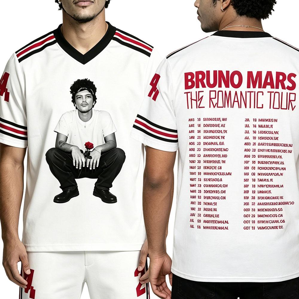 Herren Damen Fußball T-Shirt Bruno Mars The Romantic Tour 2026 Trikot V-Ausschnitt Sommer Locker Unisex Streetwear Grafikdruck Merch T-Shirt