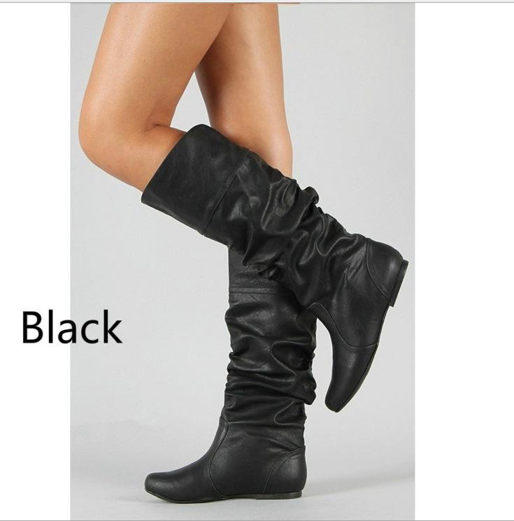 Plus Size 2020 Women's Long Leather Boots - Solid Color, Pleated, High-top, European Style