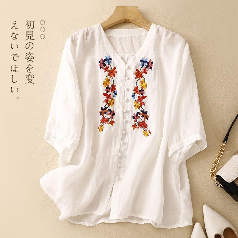 2025 Sommer neues besticktes V-Ausschnitt Fünfviertelarm Damen lockeres und vielseitiges dünnes Hemd