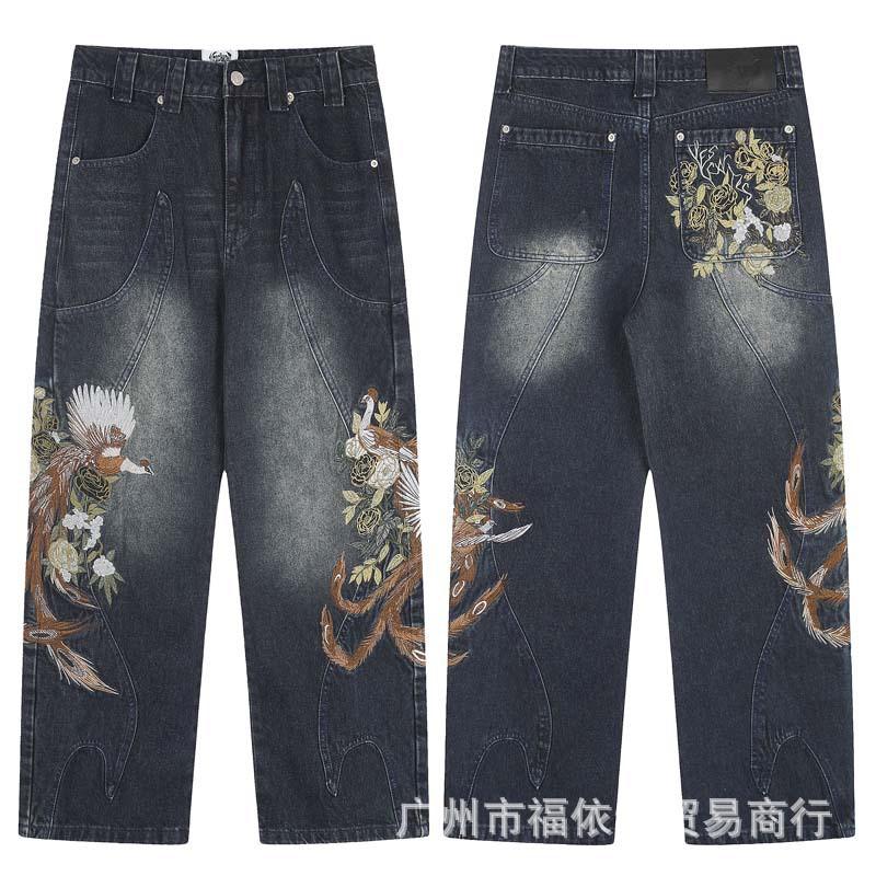 Vescartes Gefallener Engel Bestickte Jeans Locker Gerades Bein Vintage Hose Herren Damen