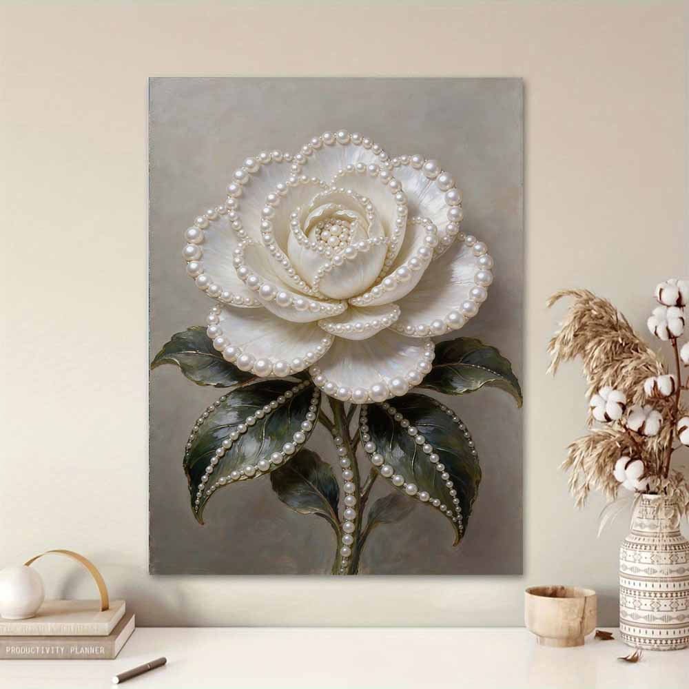 DIY Framed Pearl Painting Kit White Rose Flower Botanical Plant Sparkling Bead Canvas Creative Craft Gift for Women Adults