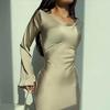 Spring Women Dress Solid Color Round Neck Long Horn Sleeve Satin Floor Length Tight Waist Soft Breathable Evening Dress Prom Party Maxi Dress