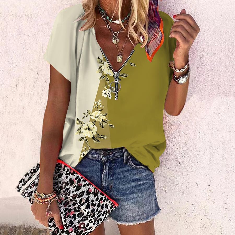 

Женский топ, летний новый модный топ с розами, синими цветами и принтом, повседневный топ на молнии с v-образным вырезом и короткими рукавами 6XL жёлтый