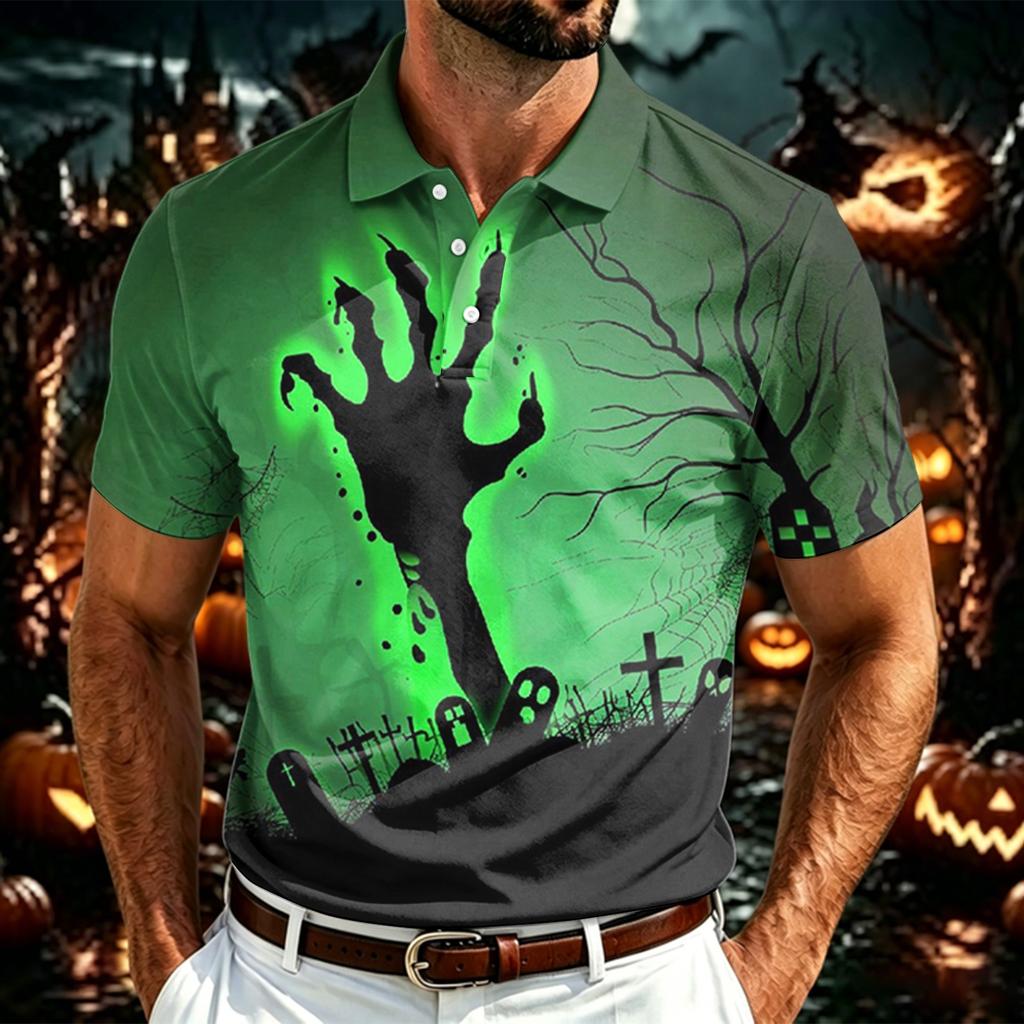 Men's Halloween Print Polo Shirt Lightweight Mesh Breathable Short Sleeve Top with Collar Button Down Front for Casual Wear