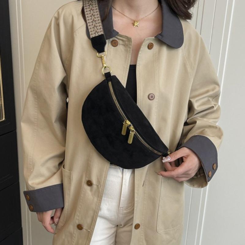 Women's Waist Bag Multi-pocket Street Fanny Pack Faux Suede Chest Bag Wide Strap Crossbody Bag Retro Solid Shoulder Bags