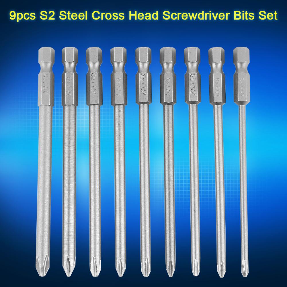 9pcs S2 Steel Cross Head PH1 PH2 Screwdriver Bits Set 1 4inch Hex Shank 100mm