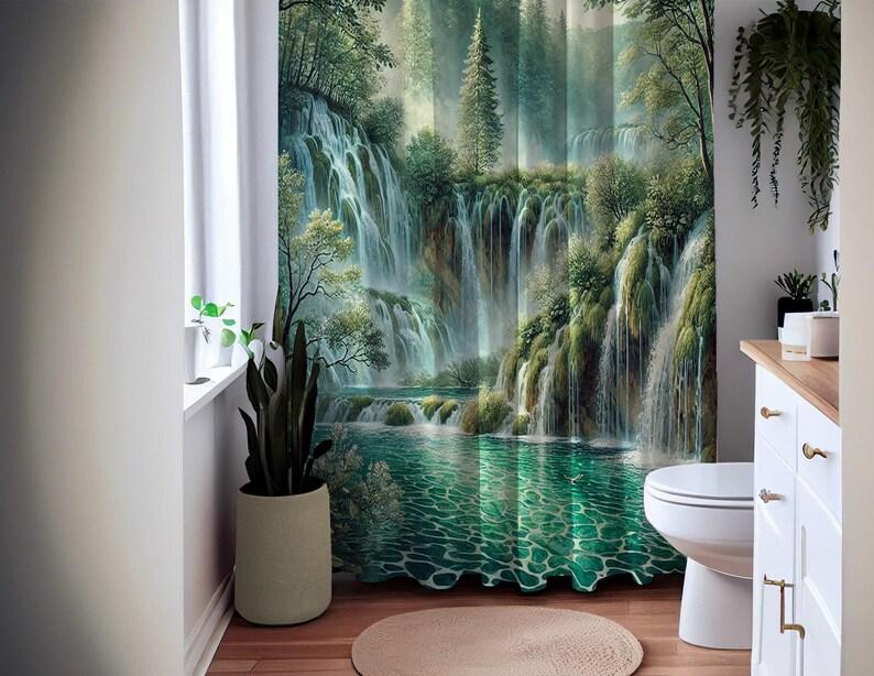 Waterfall Shower Curtain - Serene Nature Decor, Lush Forest Landscape, Scenic River Design, Waterproof Fabric, Tranquil Bath