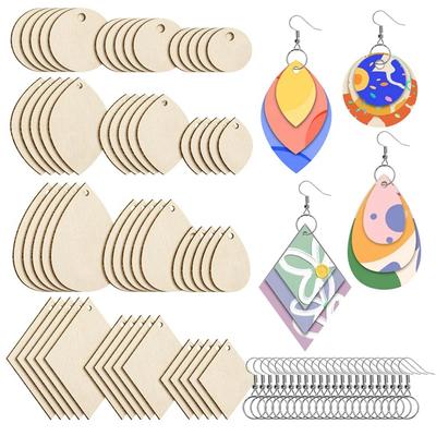 120Pieces Unfinished Wooden Earrings Blank Wood For Earring 4 Shapes For Wooden Earring With Earring Hooks & Jump Rings