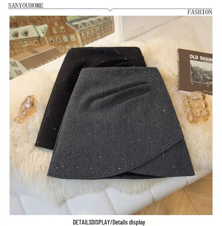 Chic Pleated Sequin Wool-Blend High-Waisted A-Line Skirt - Anti-Exposure, Versatile for Autumn/Winter
