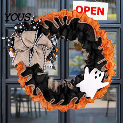 Spooky Door Wreath 15 Inch Halloween for Front Door, Rustic Ruffle with Linen Bow Ghost And Burlap Fireplace Walls Windows Gothic Party Decor