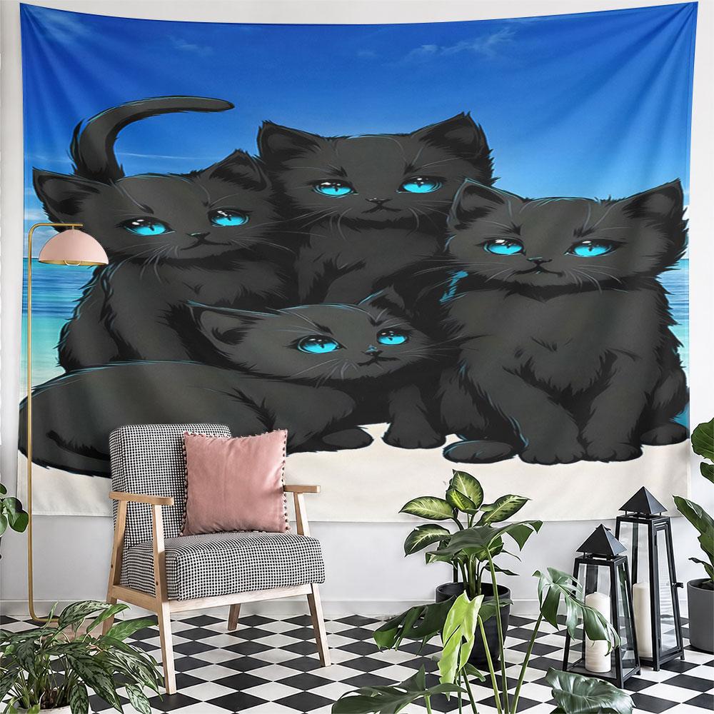 "Black Cats with Blue Eyes on Beach" Pattern Wall Hanging Tapestry Decorative Tapestry Home Decor for Bedroom and Living Room