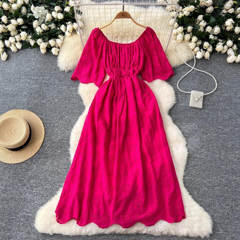 French Sweet Fairy One-word Shoulder Hollow Embroidery Dress, Female Waist and Thin Temperament Holiday Style Knee-length Dress