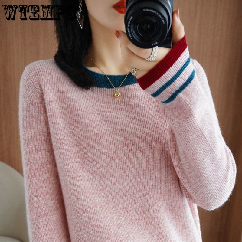 Round-neck Sweater Loose Korean-style Plus-size Pullover Fashionable Solid-color Loose Knitted Sweater Long-sleeved Top for Autumn and Winter