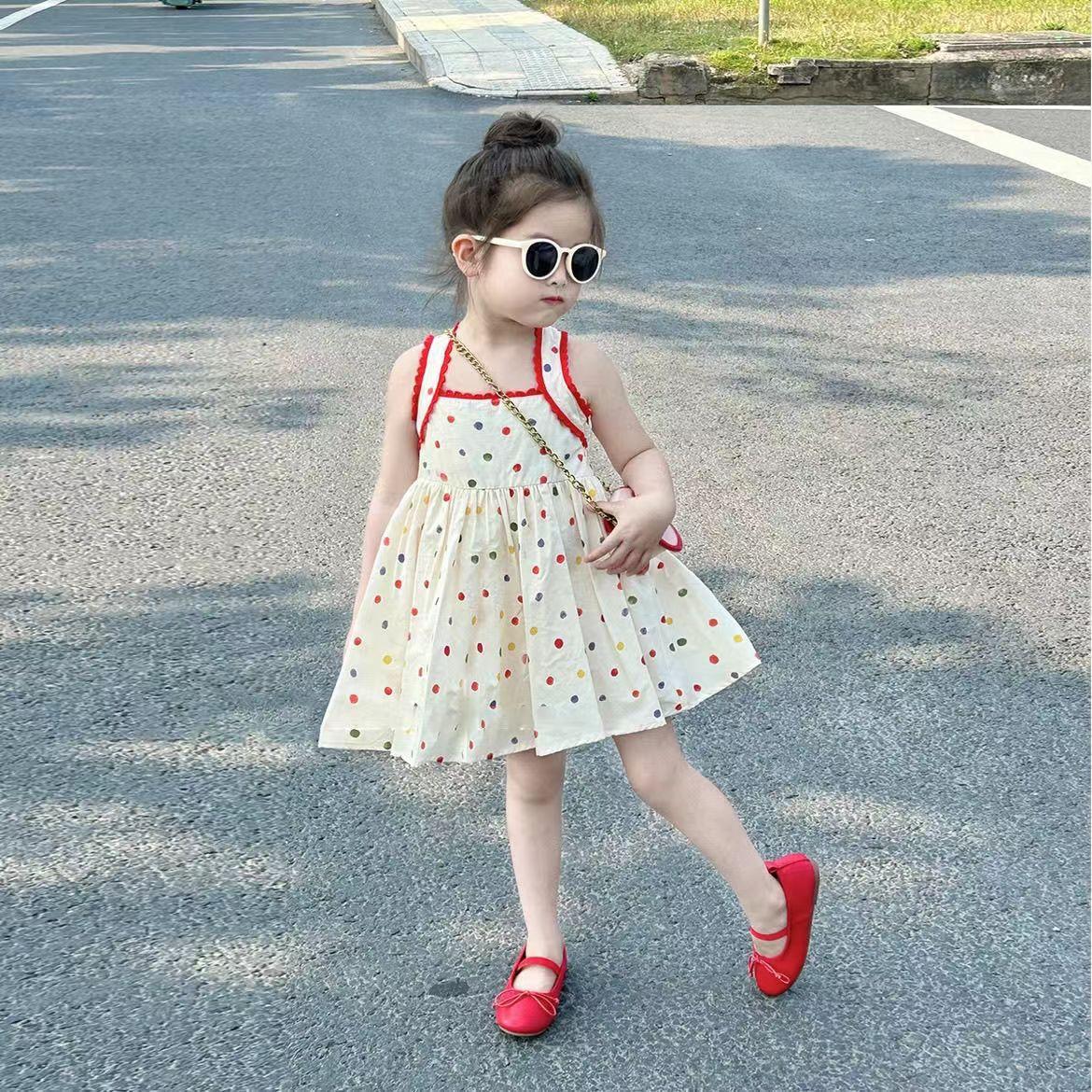 Summer Girls Colorful Polka Dot Spaghetti Strap Dress Baby Sleeveless Vest Skirt Fashionable 80
