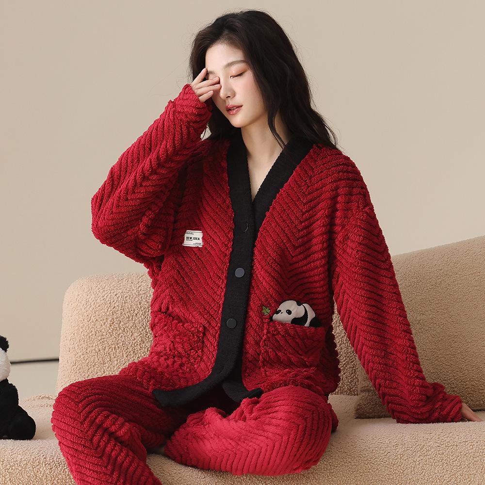 Couple Pajamas Winter Coral Fleece Wedding Thickened Wedding Festive Red Men's and Women's Flannel Loungewear