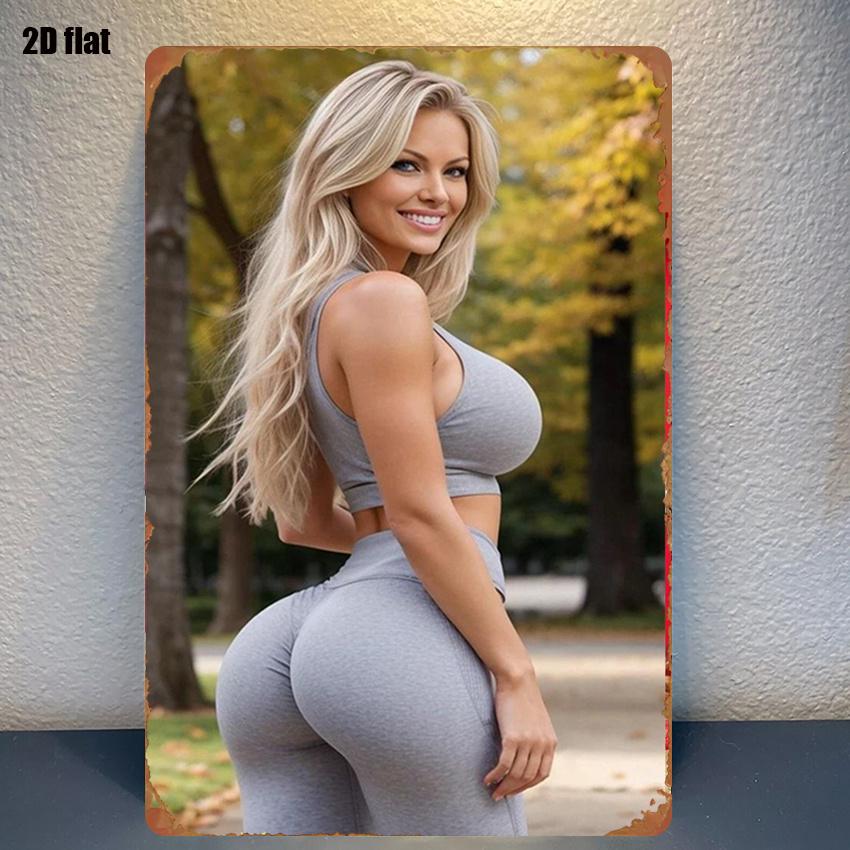 

HD Metal Tin Sign Curvy Blonde Fitness Model in Gray Activewear Autumn Park Scene Vintage Wall Art Plaque Retro D Decor for Hom 20x30cm（7.8x11.8inch）