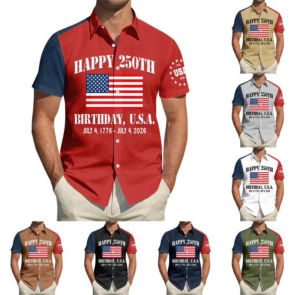 Top da Uomo Stampato per il Giorno dell'Indipendenza con Colletto Camicia Casual Sportiva a Maniche Corte da Uomo