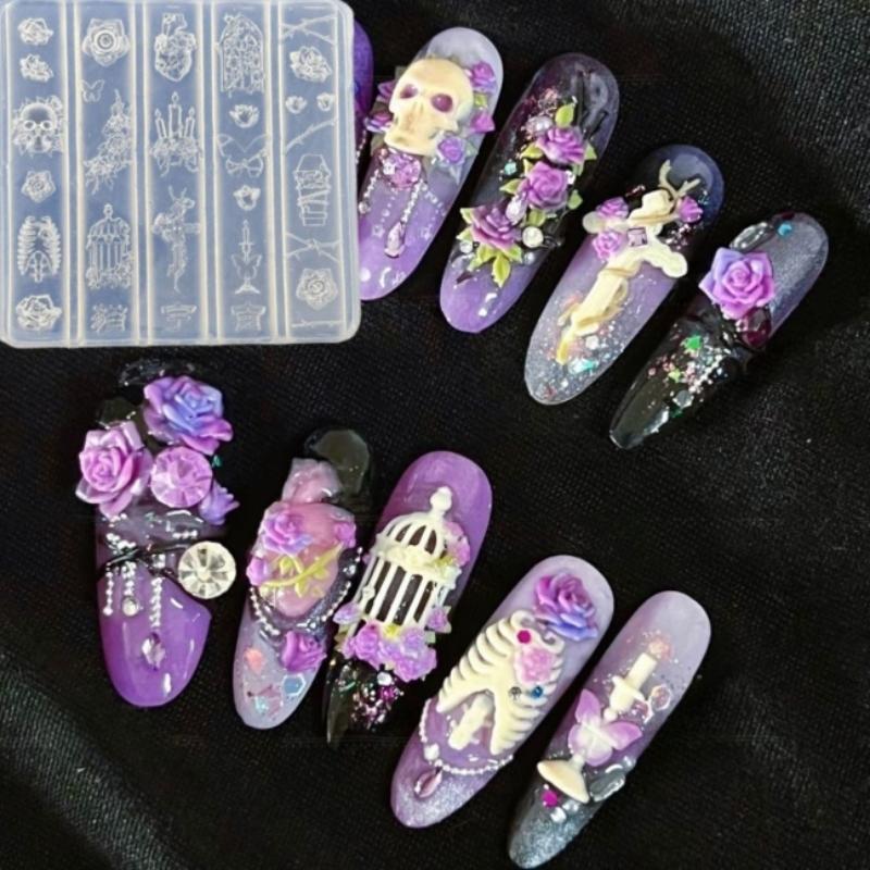 3D Creative Transparent Nail Mold Diy Nail Art Decoration Rose Candlestick Skull Butterfly Birdcage Nail Art Carving Mold