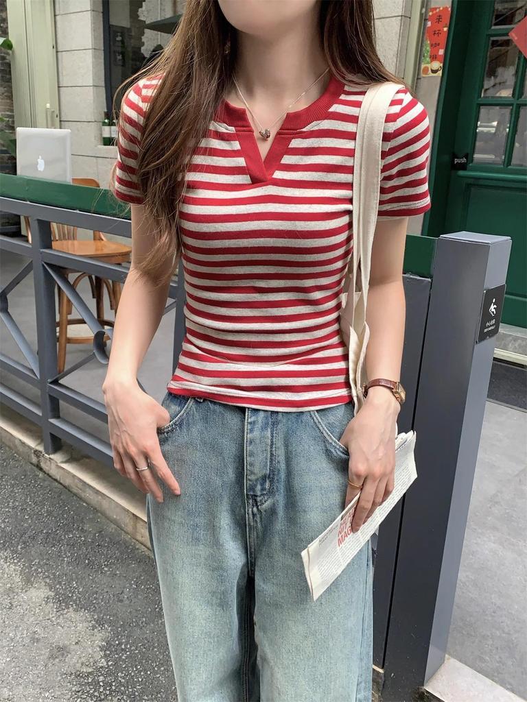 Spicy Girl Striped Color Block Short Sleeve T-shirt, Summer 2026 Women's Slimming Versatile Top