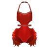 Womens Sparkle Rhinestone Dance Bodysuit Faux Feather Accents Halter Backless Sleeveless Leotard Latin Costume