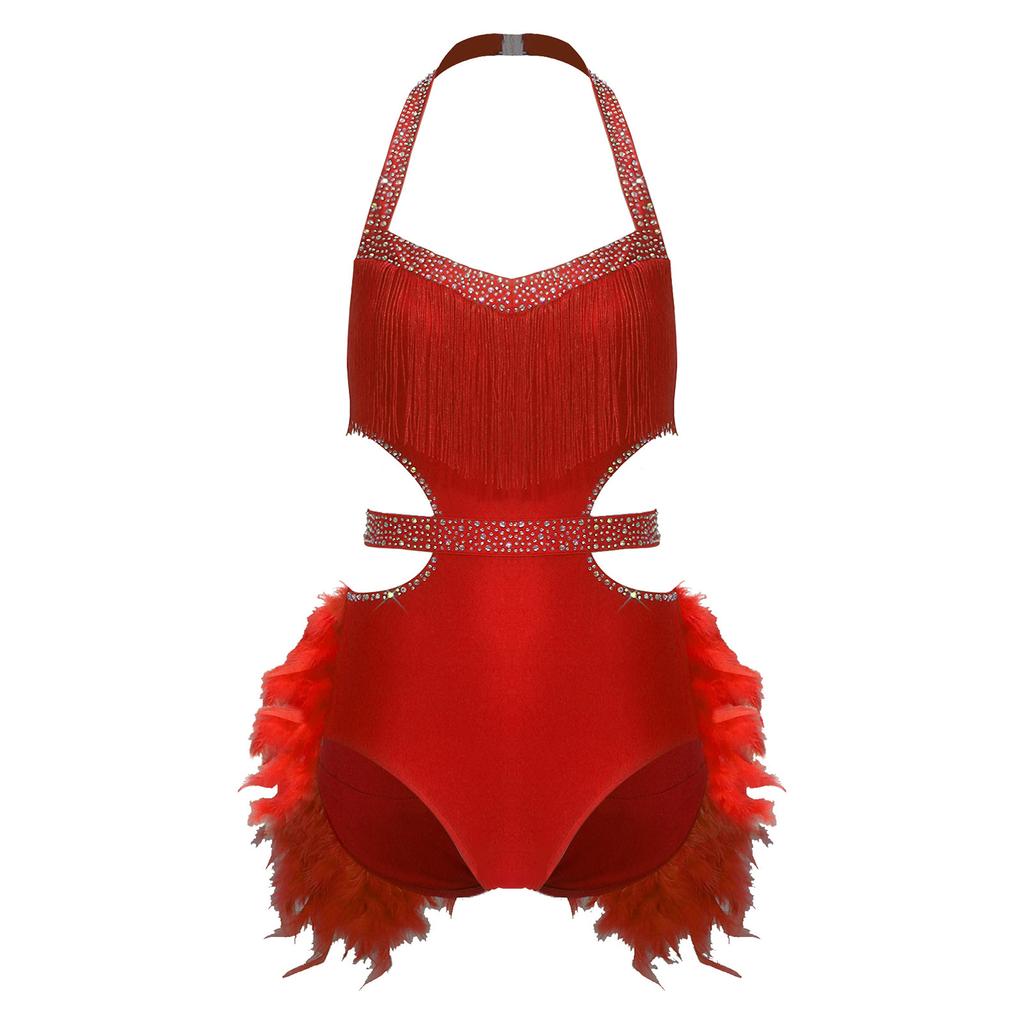 Damen Funkelnde Strass Tanz Bodysuit Kunstfeder Akzente Neckholder Rückenfrei Ärmellos Leotard Latein Kostüm