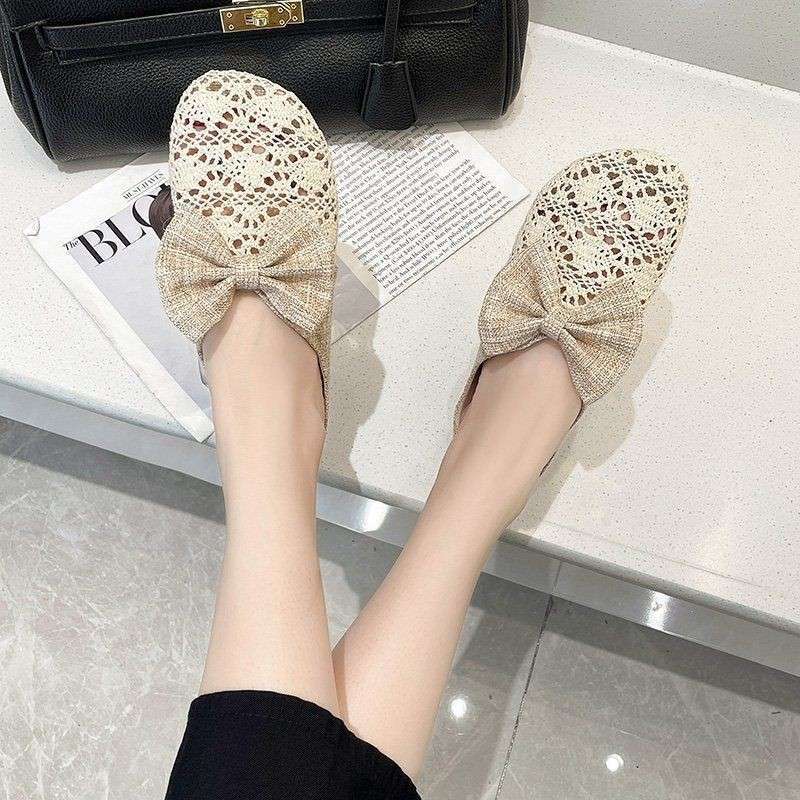Bow slippers women's 2025 new temperament flat bottom breathable hollow bag head half slippers wearing lace slippers