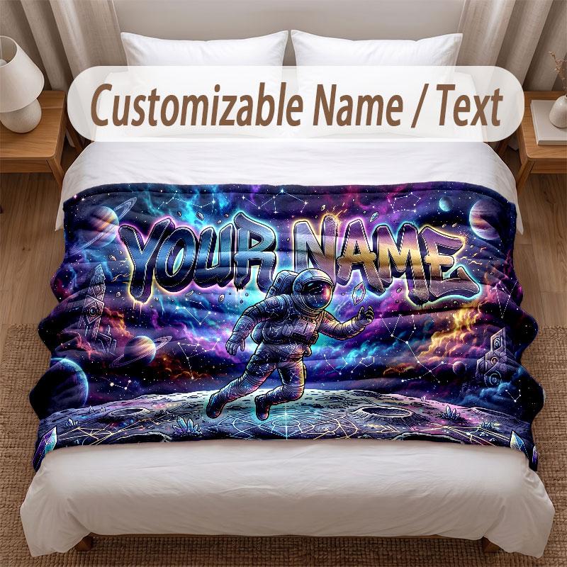 Astronaut Space Theme Soft Blanket Personalized Custom Name Text Print Warm Blanket Home Sofa Bedroom Decor