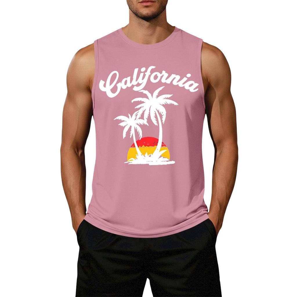 Herren ärmelloses lässiges Tanktop lockere Passform Sommer Strandkleidung Palme Grafikdruck leicht Baumwollmischung Hemd