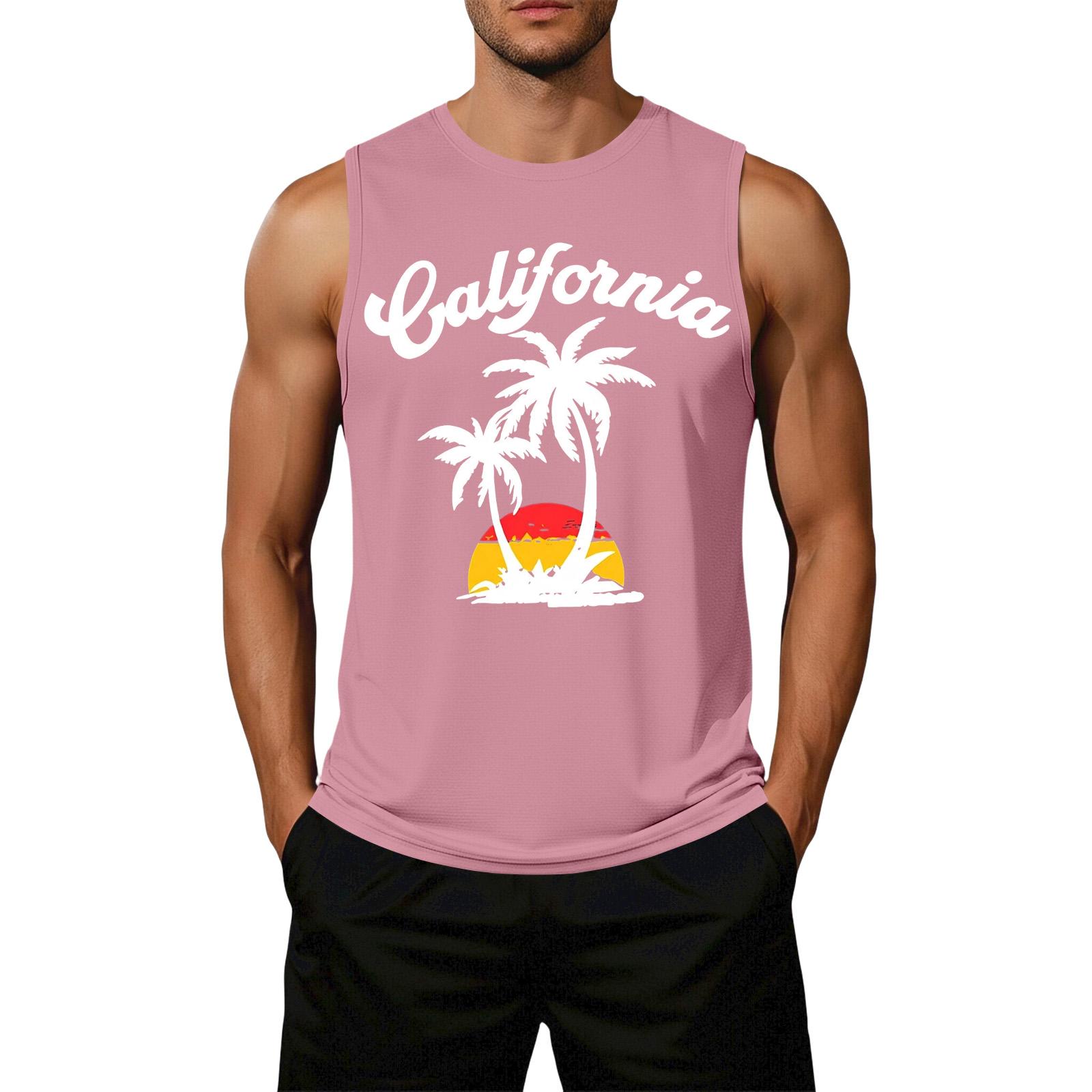 

Men Sleeveless Casual Tank Top Loose Fit Summer Beachwear Palm Tree Graphic Print Lightweight Cotton Blend Shirt XL рожевий
