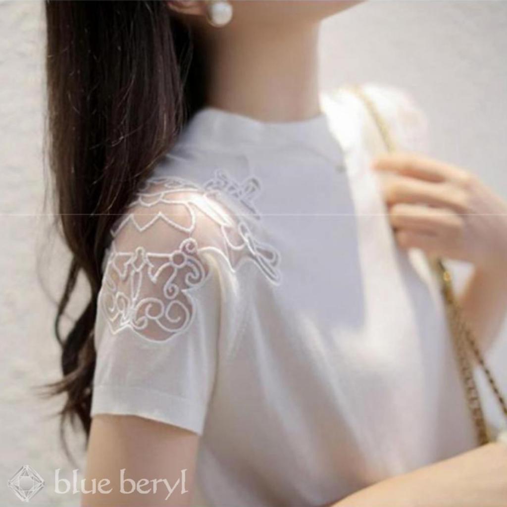 Summer Knit Top for Short Lace Round Cool Round Mature Sweet and Beautiful Mature Office [blue Beryl] Women, Sleeves, Switching, See-through, Neck,