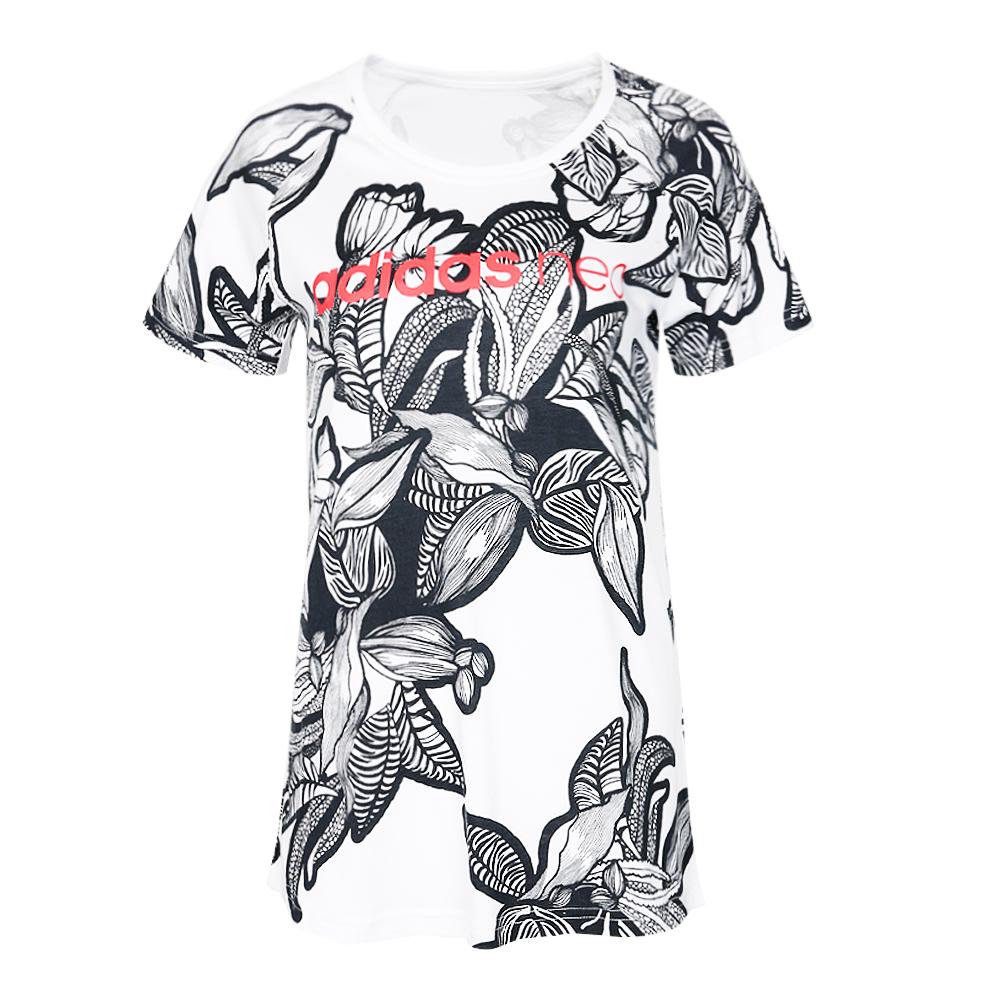 Adidas Neo Floral Print Cotton Crew Neck Short Sleeve Casual Sports T-Shirt Women White CV7314 L