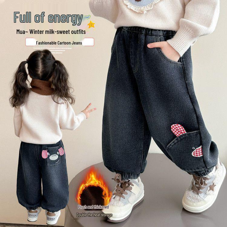 

2025 Girls Fleece-Lined Winter Jeans - Stylish, Warm, Casual, Versatile One-Piece for Children 90cm синій