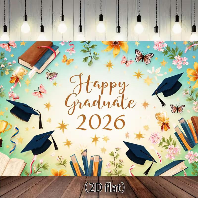 

2D Flat Printing Floral Butterfly Graduation Backdrop for 2026 Grad Party Photoshoot 47.2x31.5inch/120*80cm