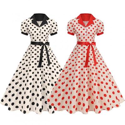 Polka Dot French Retro Hepburn Dress with Shirt Collar