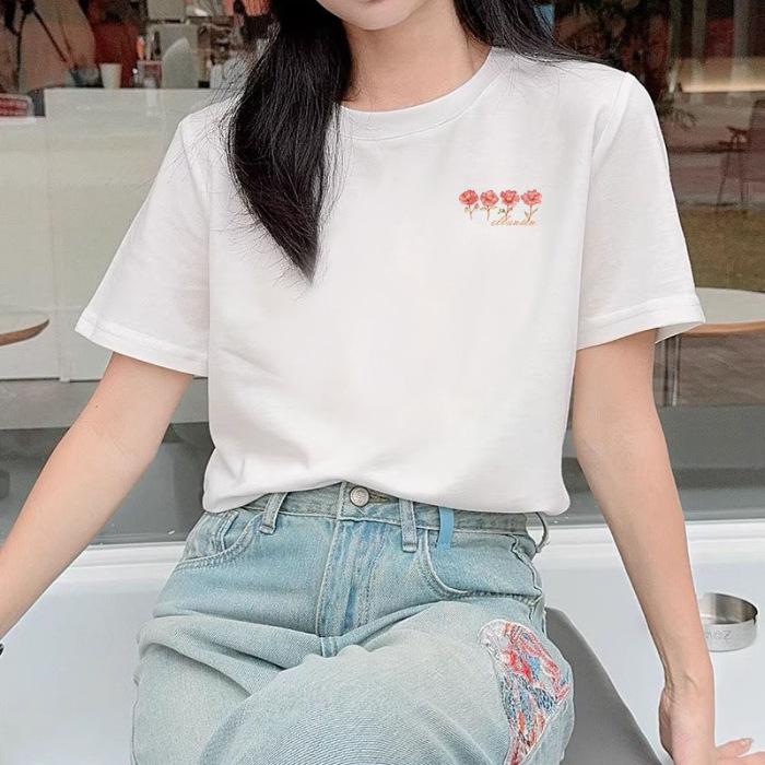 

Cotton white short-sleeved T-shirt women s clothing 2025 summer cartoon print design sense loose casual top S