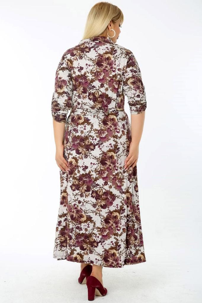 Damen Übergröße Kleid Langarm Gürtel Blümchenmuster Schlitz Hemdkleid